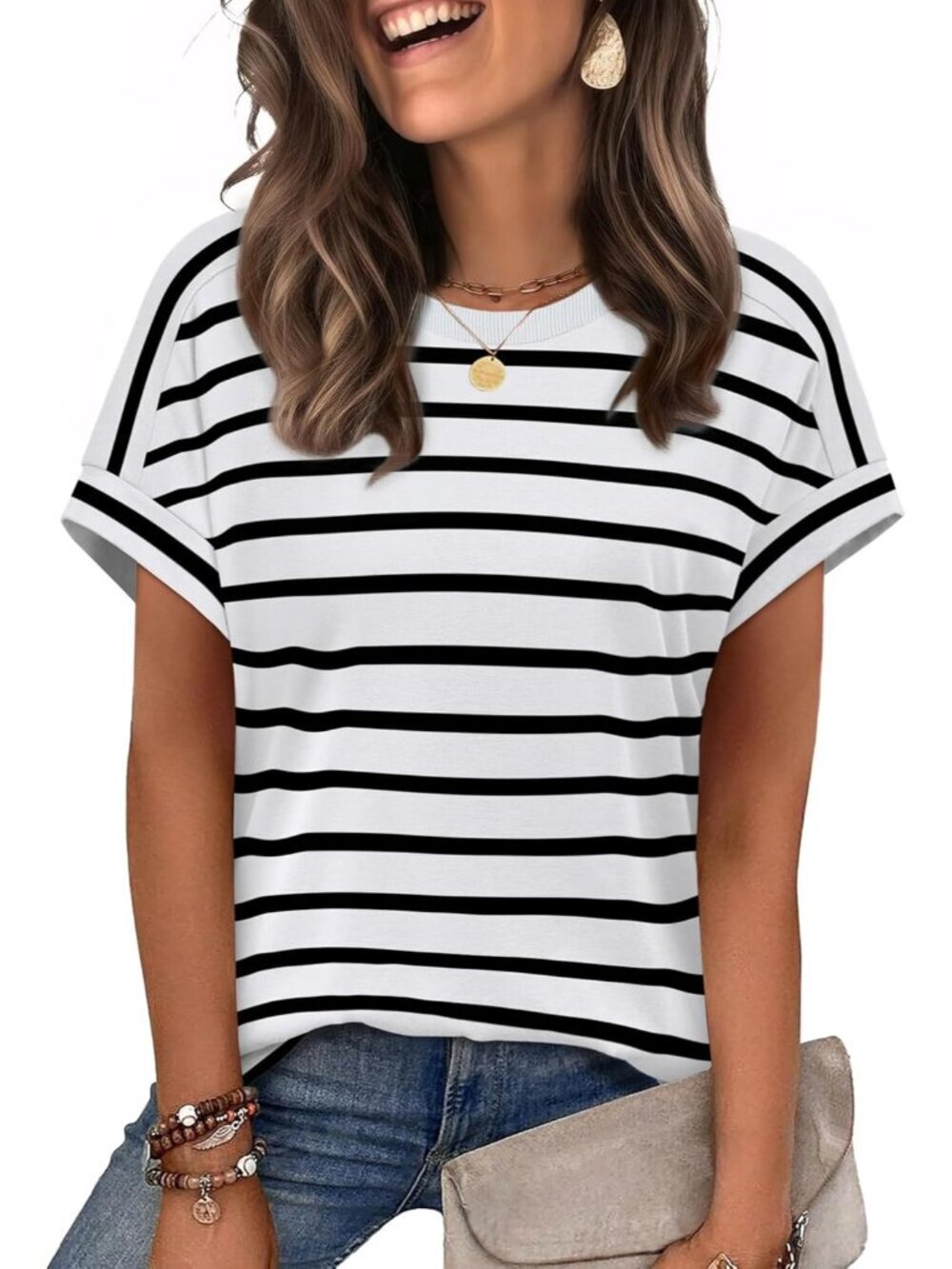Women's White & Black Striped Crewneck Short Sleeve Loose Fit Summer Shirt